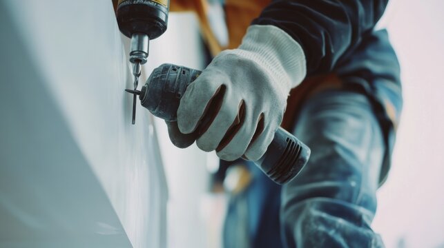 A construction worker using a power drill to install fixtures at a site. Featuring precision and care