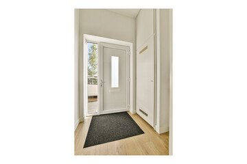 A sleek and contemporary entrance hallway featuring a white door and a stylish rug on a light wood floor, bringing a fresh and inviting atmosphere.