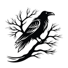 Silhouette of Black Raven Perched on a Bare Tree Branch Against White Background