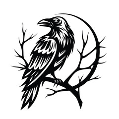Silhouette Raven Perched on Branch Circle, Black and White Bird Design