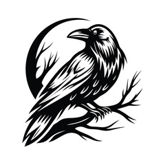 Monochrome Raven Silhouette on Branch, Stylized Bird Perched with Detailed Plumage