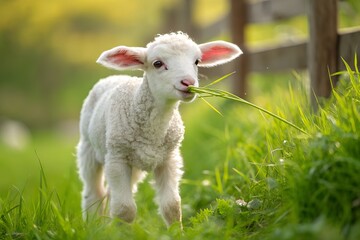 Fototapeta premium Cute White Lamb Grazing on Grass – Peaceful Farm Scene with Rustic Wooden Fence Background