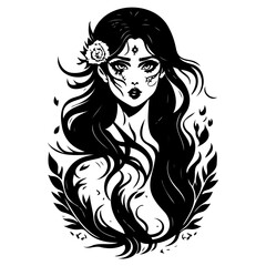 Monochrome portrait of gothic woman in ornate frame