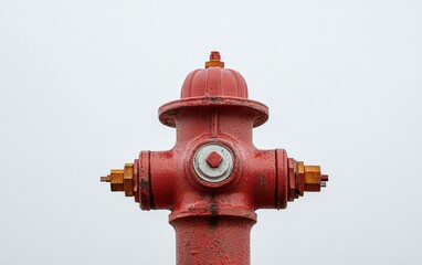 Red Fire Hydrant With Water Droplets Against Gray Sky