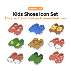 A set of 9 flat-style vector icons featuring cute and colorful kids’ shoes. sneakers, slip-ons, Mary Janes, bear-faced shoes, star-decorated shoes, and polka dot pattern