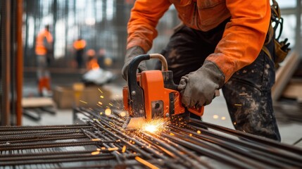 Construction worker cutting steel bars at a building site. Featuring precision and craftsmanship
