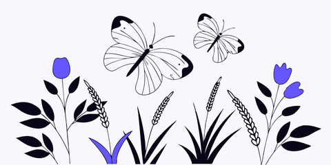 Antique-style vector engraving of herbs and butterflies, fine cross-hatching details, sepia tones, 19th-century botanical sketch aesthetic, high-contrast lines