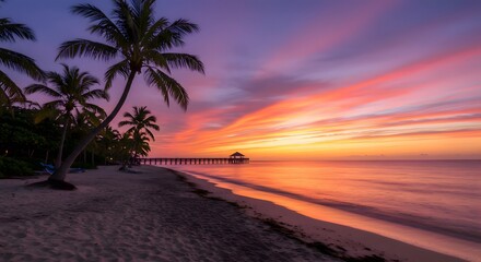 Fototapeta premium Palm Trees at Beach During Colorful Sunset with Pier and Ocean View