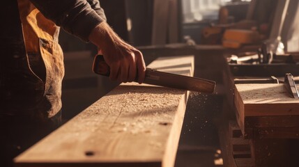 A construction worker trimming a wooden beam with a saw. Featuring focus and craftsmanship