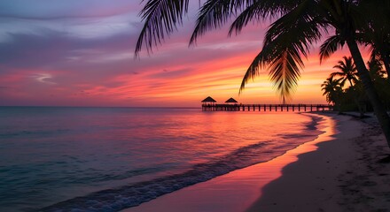 Sunset Over Tropical Beach with Palm Trees and Pier Landscape