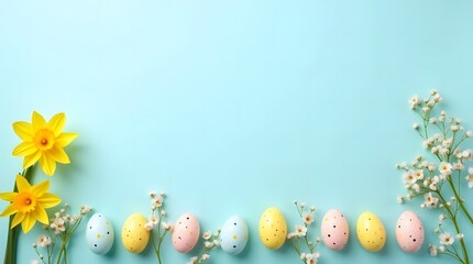 easter eggs and flowers on wooden background