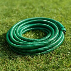 watering hose on a green lawn. Green hose for watering lies on grass. coiled rubber hose. Top view of an rubber hose on the green grass of a mown lawn, lawn care and watering.