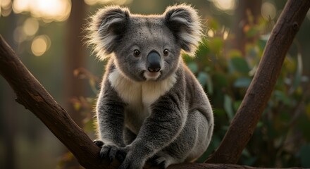 Naklejka premium Koala Sitting on Branch Looking at Camera in Natural Light