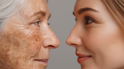 Older versus younger. Age difference. Generation. Beauty through time. Contrast. Aging. Wrinkles. Skin care for different ages
