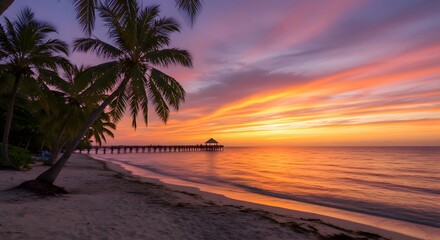 Tropical Beach Sunset with Palm Trees and Pier Over Ocean