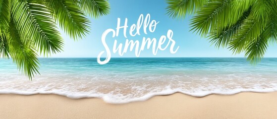 Fototapeta premium A close-up view of a beach featuring palm trees and the ocean waves, Hello Summer background.