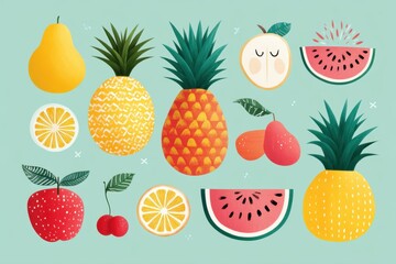 A colorful assortment of various fruits and vegetables displayed together, Hello Summer background.