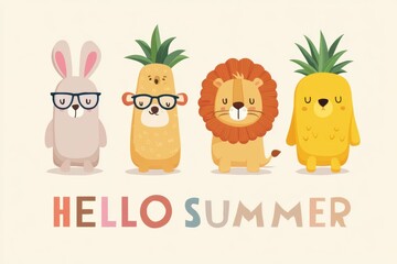 Fototapeta premium Three animals stand closely together in a natural setting, Hello Summer background.