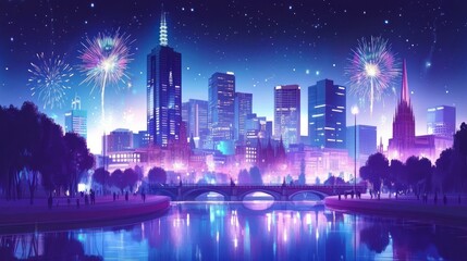 Vibrant city skyline illuminated with colorful fireworks at night