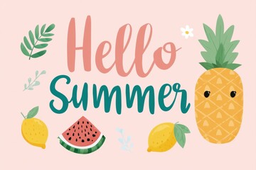 Colorful summer card featuring pineapples, watermelon, and lemons for a cheerful greeting, Hello Summer background.