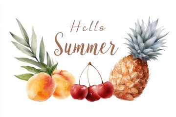 Pineapple, peaches, and cherries arranged on a white background, Hello Summer background.