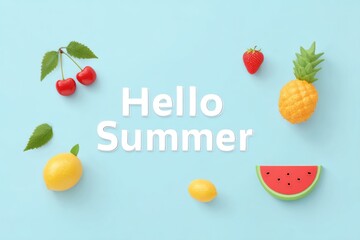 Colorful fruits on a blue background with the greeting hello summer displayed prominently, Hello Summer background.