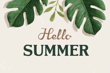 A vibrant hello summer card featuring a lush tropical leaf design, Hello Summer background.