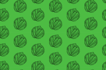 cabbage vegetable doodle seamless pattern on green background. chinese cabbage engraving pattern background. retro fresh cabbage background for farmer, agricultural, groceries, vegan