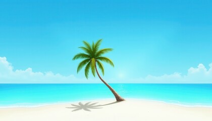 Fototapeta premium Serene Tropical Beach with Palm Tree and Calm Blue Ocean Under Clear Sky