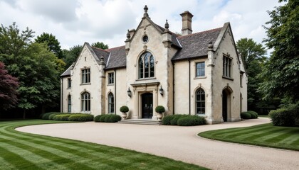 Naklejka premium The elegant mansion, with its large windows and intricate architecture, was complemented by a sweeping driveway that curved around the property.