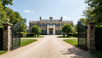 Fototapeta premium Behind the gates of the estate, an elegant mansion awaited, with a sweeping driveway that welcomed visitors in style, Generative AI