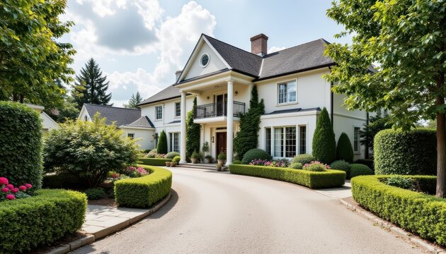 The elegant mansion was accessible via a sweeping driveway bordered by perfectly pruned hedges and flowering plants.
