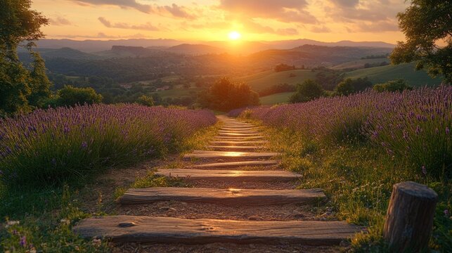 Scenic countryside path with wooden fence leading through lavender fields toward a vibrant sunset over rolling hills