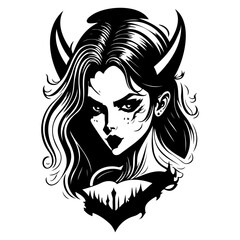 Monochrome Graphic Portrait of a Horned Woman