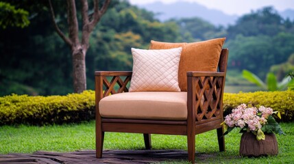 A charming outdoor chair sits in a vibrant garden filled with lush greenery, featuring scenic mountains under a clear blue sky in the background
