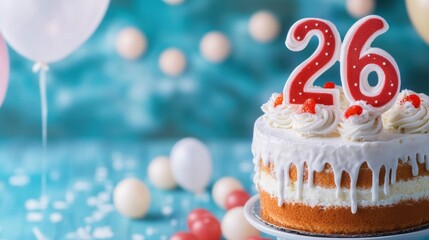 A 26th birthday celebration features a cake adorned with bright decorations, surrounded by balloons and festive decor