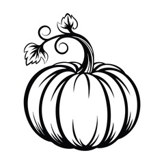 Black and White Outline of Pumpkin Silhouette With Stem, Leaves, and Tendrils Design
