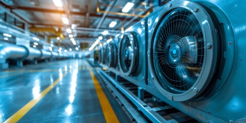 Long rows of cooling tower sets, cooling fans in the data center room