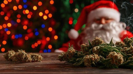 Cannabis buds rest on a rustic table with a decorated Christmas tree in the background, adding a relaxed vibe to the holiday atmosphere