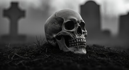 Skull Resting on Dark Soil in a Cemetery with Headstones