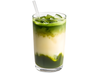 iced matcha tea in clear glass, cut-out, transparent background.