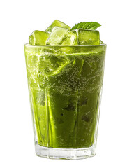 iced matcha tea in clear glass, cut-out, transparent background.