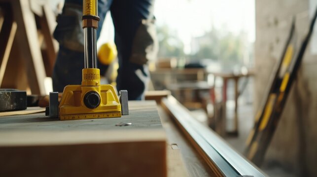 A construction worker using a laser level for precision alignment. Featuring accuracy and focus