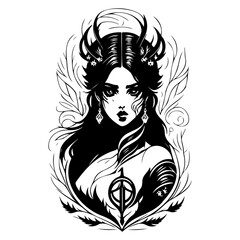 Mystic Woman in Black and White Illustration Art