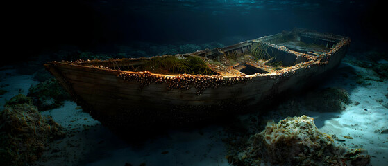 Obraz premium Sunlit Wreck of a Wooden Boat Beneath the Sea