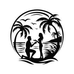 Silhouette Couple on Beach, Man Kneeling, Woman Standing, Palm Trees, Birds, Black Design