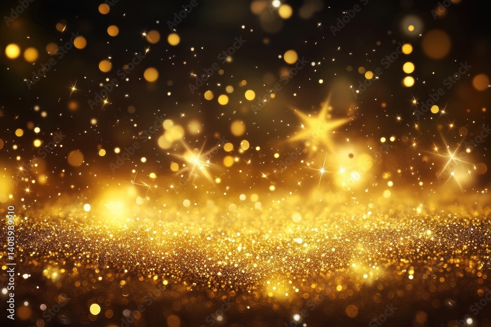 Poster Create a festive atmosphere with an abstract glittering christmas background in warm golden tones, Abstract christmas background glittering light Shimmering and defocused awards with snowflakes