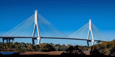 A multi-span cable-stayed bridge against a blue sky