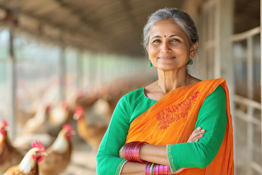 happy indian woman standing at poultry farm