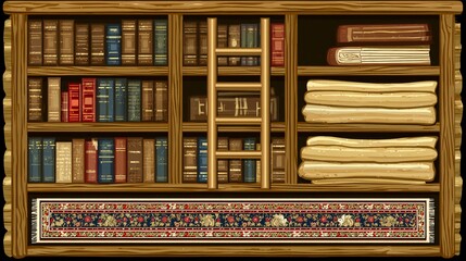 Wooden bookcase filled with books, a ladder and textiles. Rich warm colors, depth